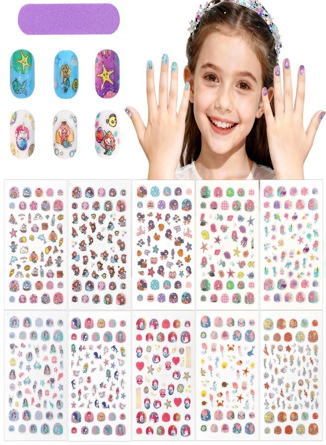 لازا مجموعة لازا من 10 أوراق ملصقات أظافر للأطفال، ملصقات تدوم طويلاً، ملصقات أظافر ذاتية اللصق، زينة أظافر بتصميم صدفة بحرية وحورية البحر، هدية رائعة لعيد الميلاد للأطفال والفتيات - عالم المحيط - Image 1